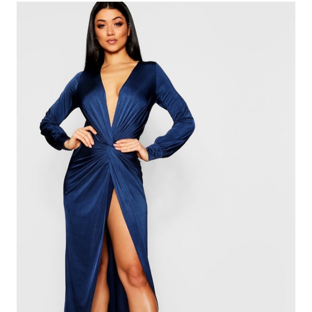 Boohoo Deep V Neck Navy Blue formal dress